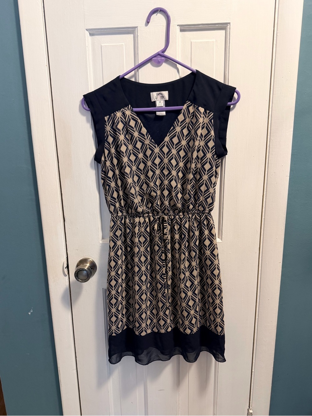 Sweet Storm Navy and Beige Geometric V-Neck Mini Dress